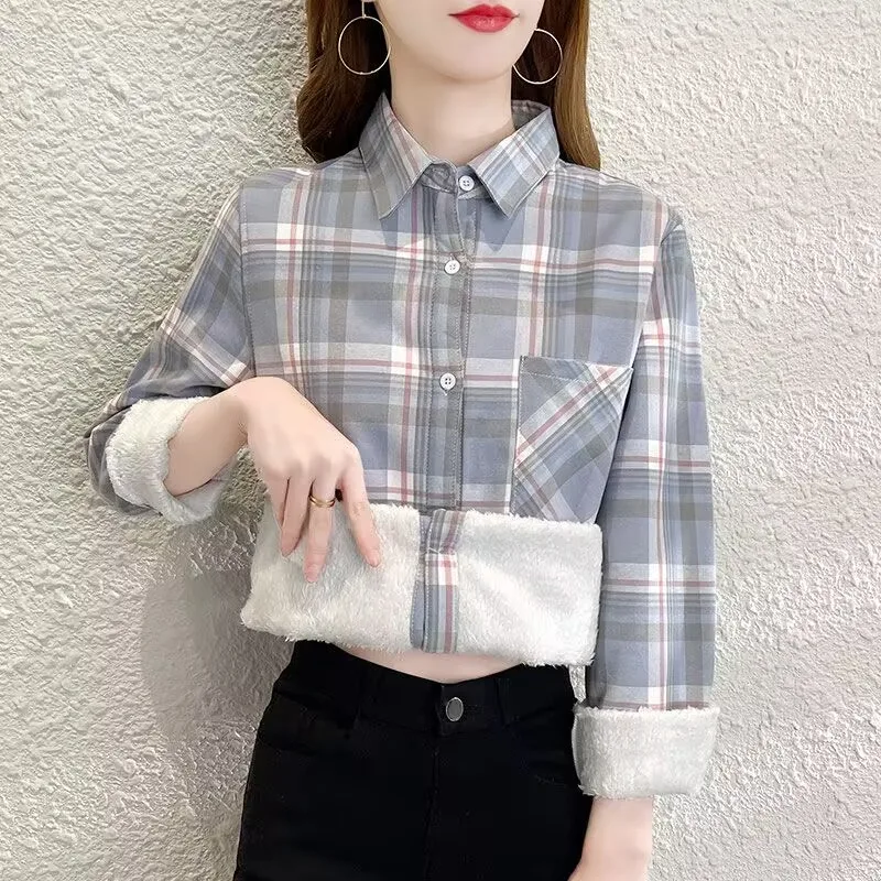 Women's Velvet Thick Warm Plaid Shirt Female Long Sleeve Tops 2025 Winter Fleece Casual Check Blouse Autumn Casual Clothes