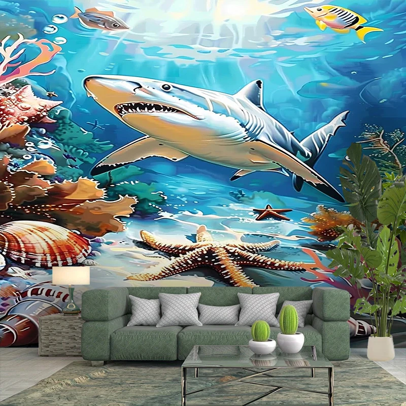 1PC Underwater Shark Cartoon Art Print Backdrop Banner, Bedroom Living Room Photo Background, Polyester, Home Decor, Wall Art