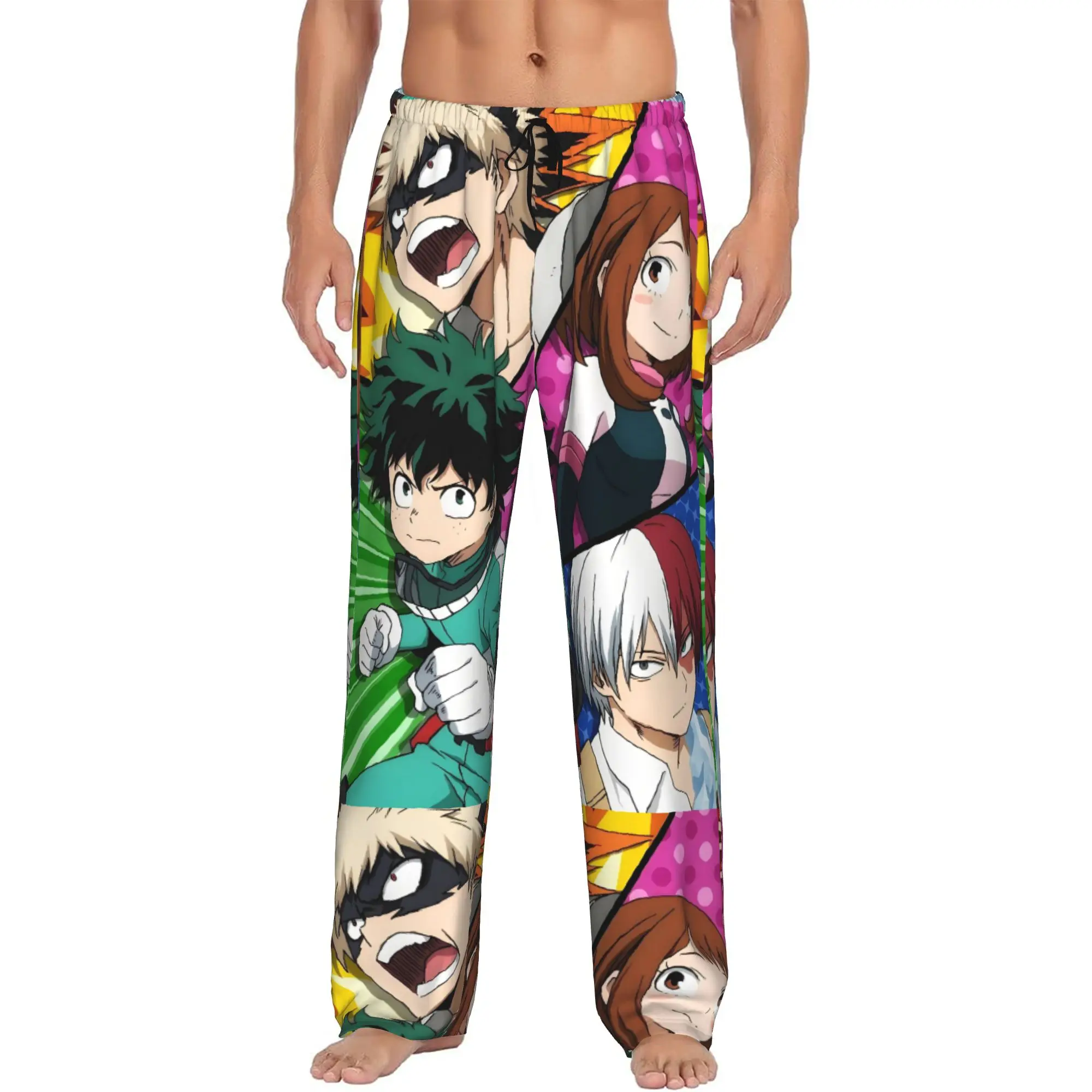 Custom Printed Men's My Hero Academias Pajama Pants Izuku Midoriya Cartoon Sleepwear Sleep Lounge Bottoms with Pockets