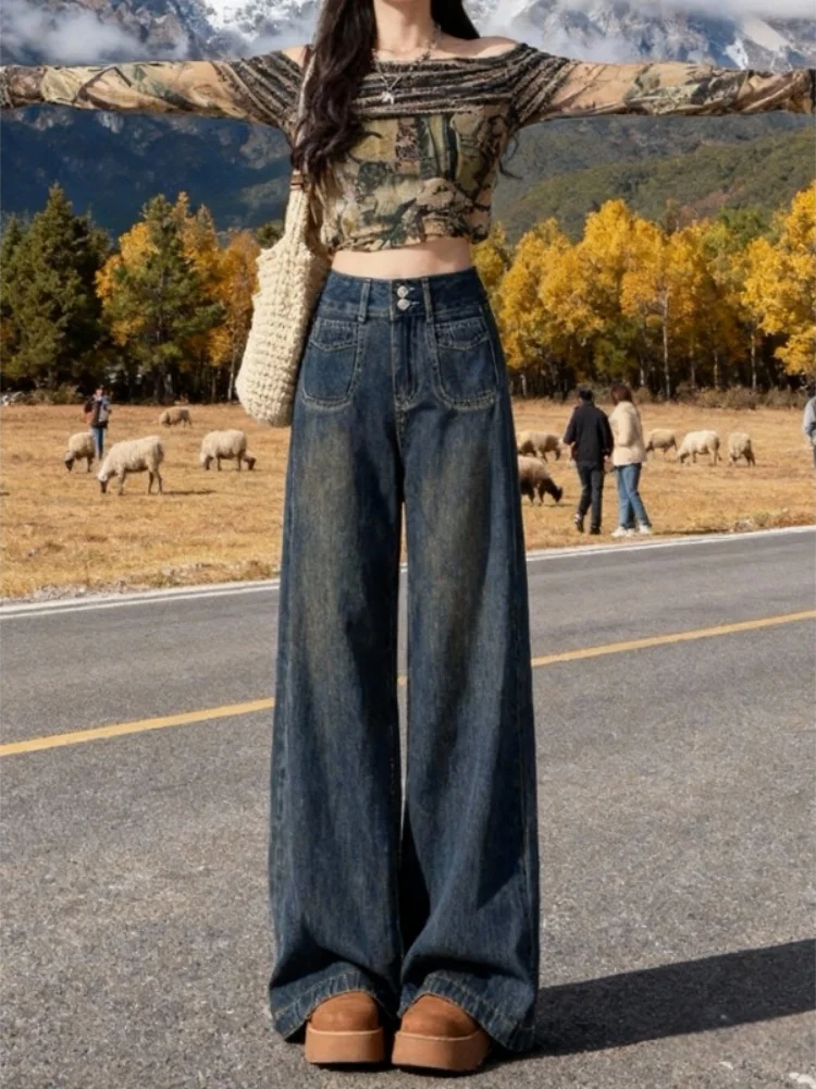 

Fce Lined Wide Leg Denim Jeans High Waist Straight Cut Women's Autumn Winter New plus Size American Vintage Sle Trousers