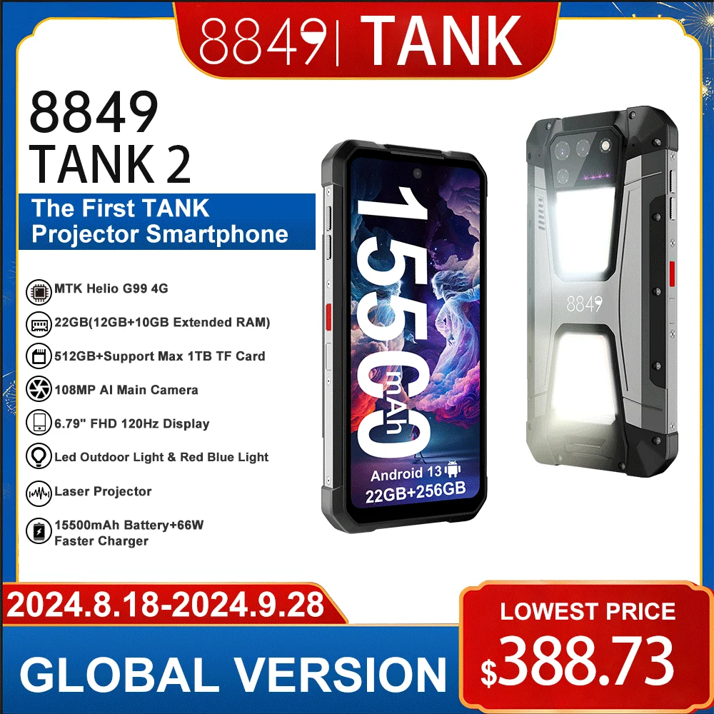 In Stock 8849 Tank 2 Rugged by Unihertz 256/512GB ROM 108MP Camping Light 64MP Super Night Vision G99 15500mAh TF NFC