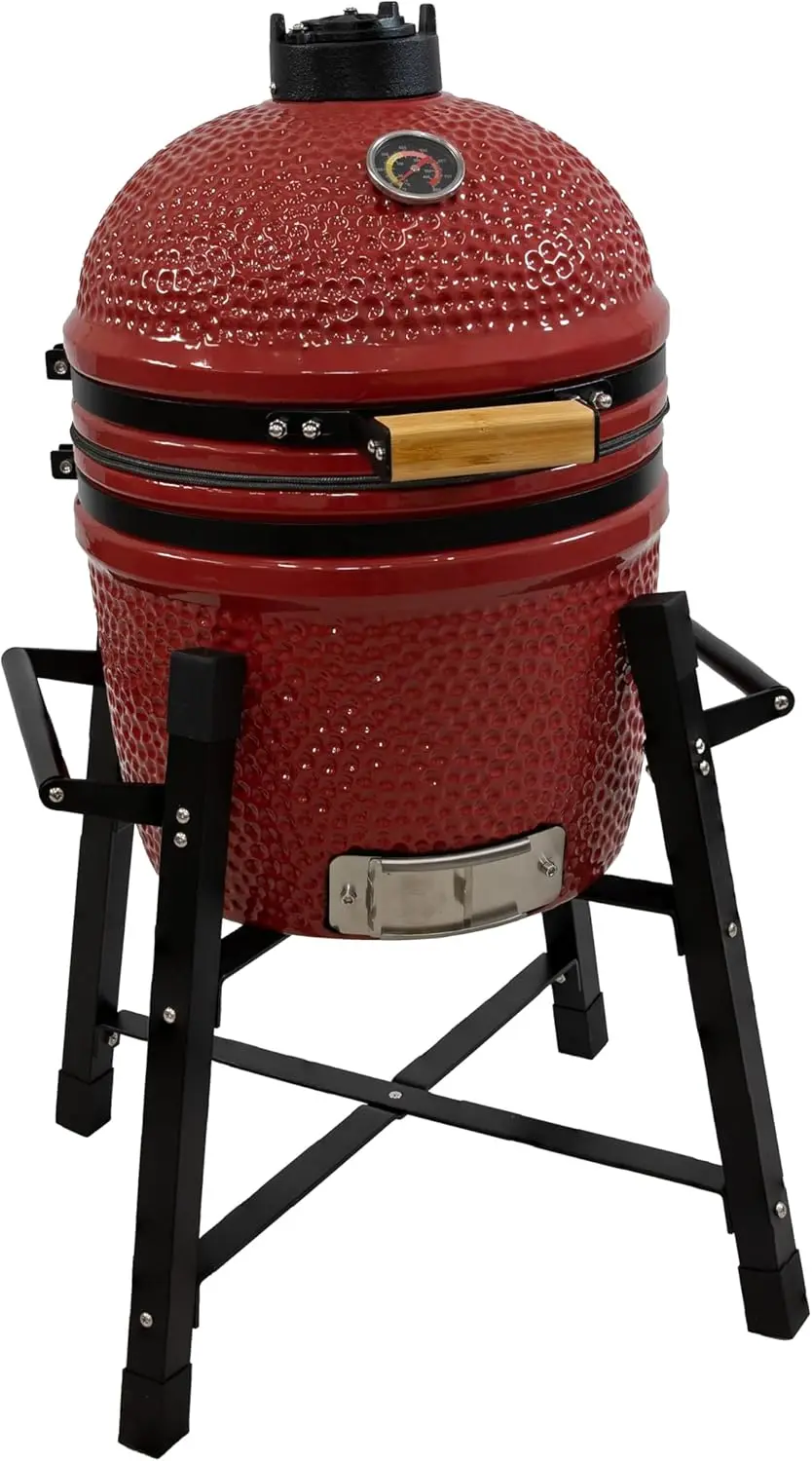 

Sunnydaze 15 "Kamado гриль на древесном угле с коптильником Combo-Внешняя фотография с подставкой и кухонной утварью-красный