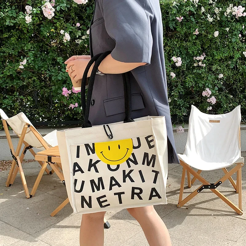 Women Vintage Canvas Tote Bag Causal Letters Print Shoulder Bag 2024 Soft Ladies Handbag Female Large Shopping Bags for Boutique