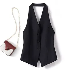 Chaleco de traje sin espalda con cuello Halter para mujer, Tops sin mangas, ropa de tendencia, Tops recortados, diseños sin mangas, chaleco negro Chic