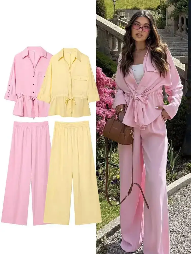

2025 Women's Fashion Pink Safari Crepe Set Lapel Long Sleeves Single Breasted Strap Shirt+Elastic Waist Pockets Wide-Leg Pants