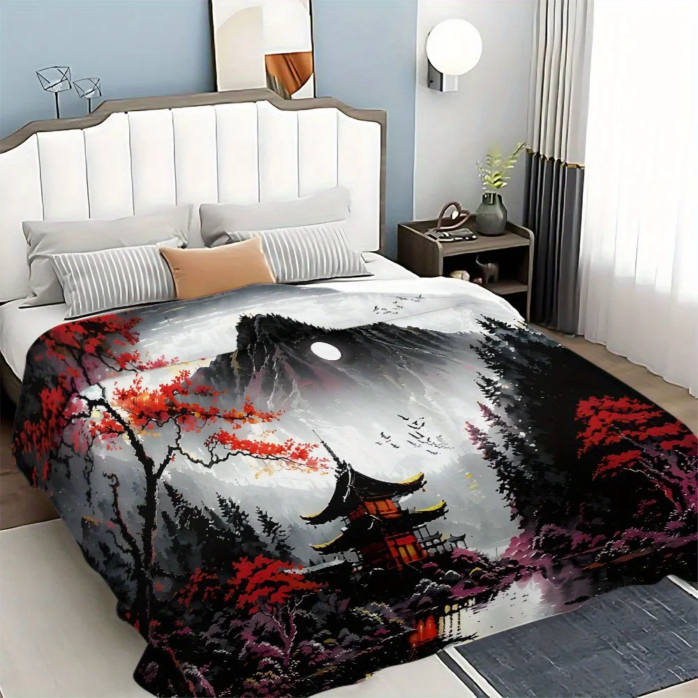 Premium Japanese Sakura Blossom Pagoda Throw Blanket Fleece Plush Cozy Home Decor Couch Throw Gift for Anime Lovers