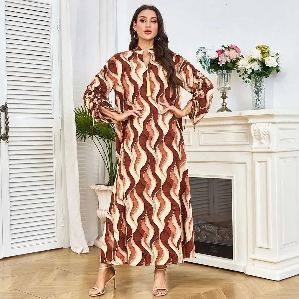 

Arabian Dubai Summer Women's Floral Sexy V-neck Long Sleeve Dress Muslim Casual Robe Abaya Ramadan Dubai Luxury Islam Elegant