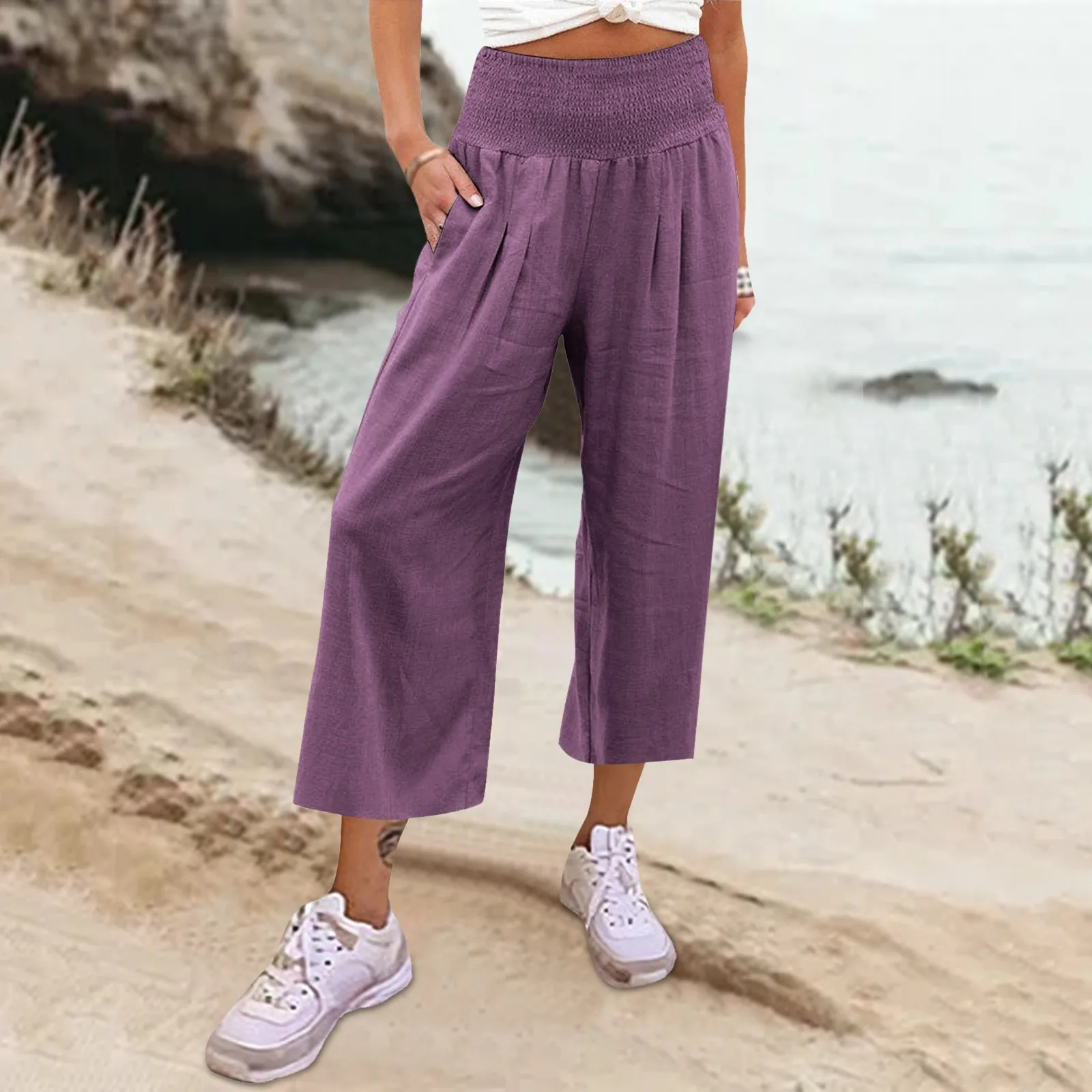 

Women Elegant Simple Pants Fashion Drawstring Design Solid Color Cropped Pants Loose Causal Elastic Waist Office Lady Trousers