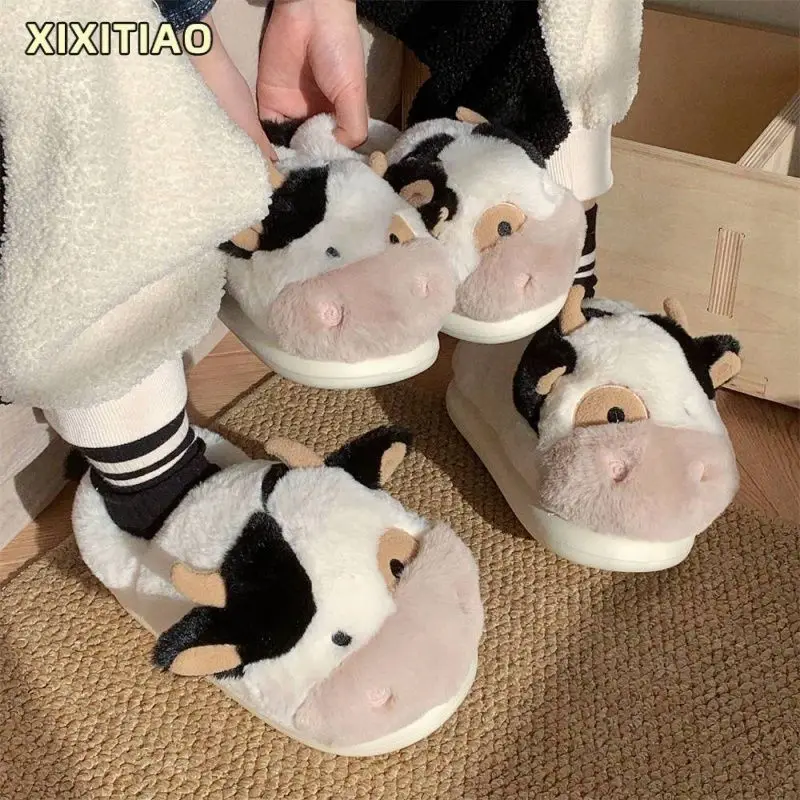 new 2025 winter unisex cartoon cow warm plush slippers couple's indoor non-slip house slides flip flops mens slippers ﻿