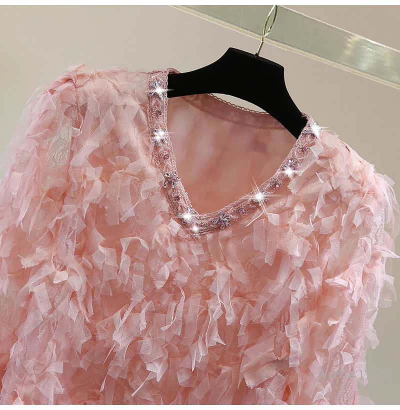 Sweet Top Ladies Diamond Beaded Embroidered Pullover Blouse 2025 Spring Solid Color Fringed V-neck Long-sleeved Blusas Femme