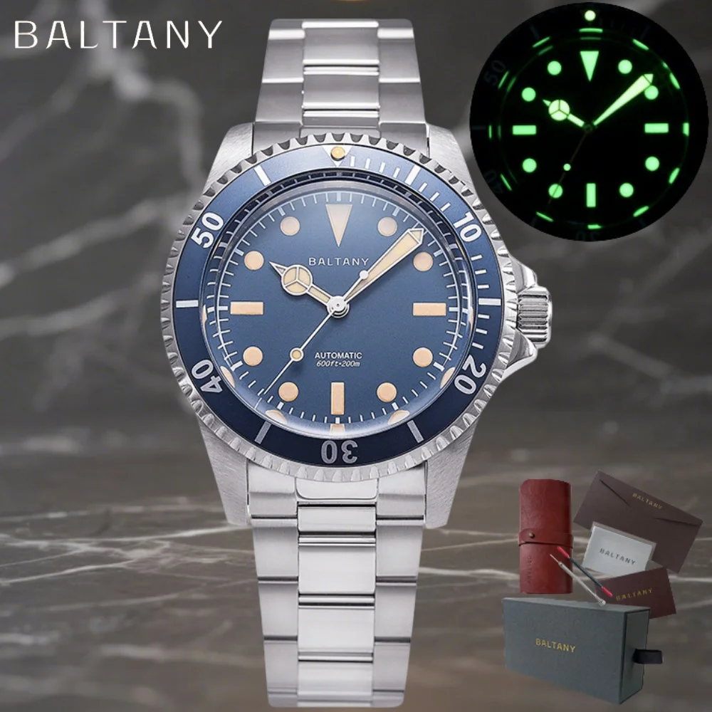 Baltany 2025 novo relógio mecânico automático masculino nh38 retro 39mm safira luminosa aço inoxidável à prova dwaterproof água reloj hombre