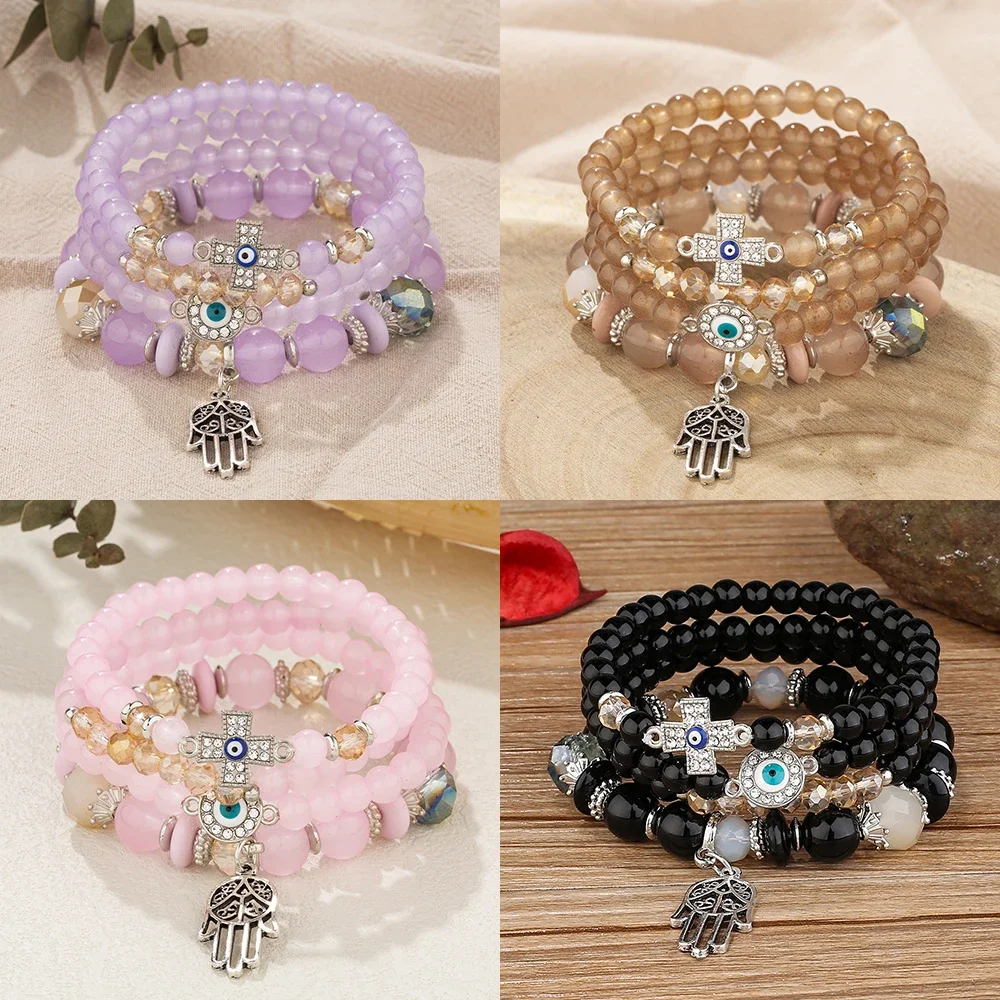 Conjunto de pulsera de cuentas acrílicas bohemias para hombre y mujer, brazalete de cadena elástica con dijes de ojos malvados, Cruz de mano de Fátima, 4 piezas