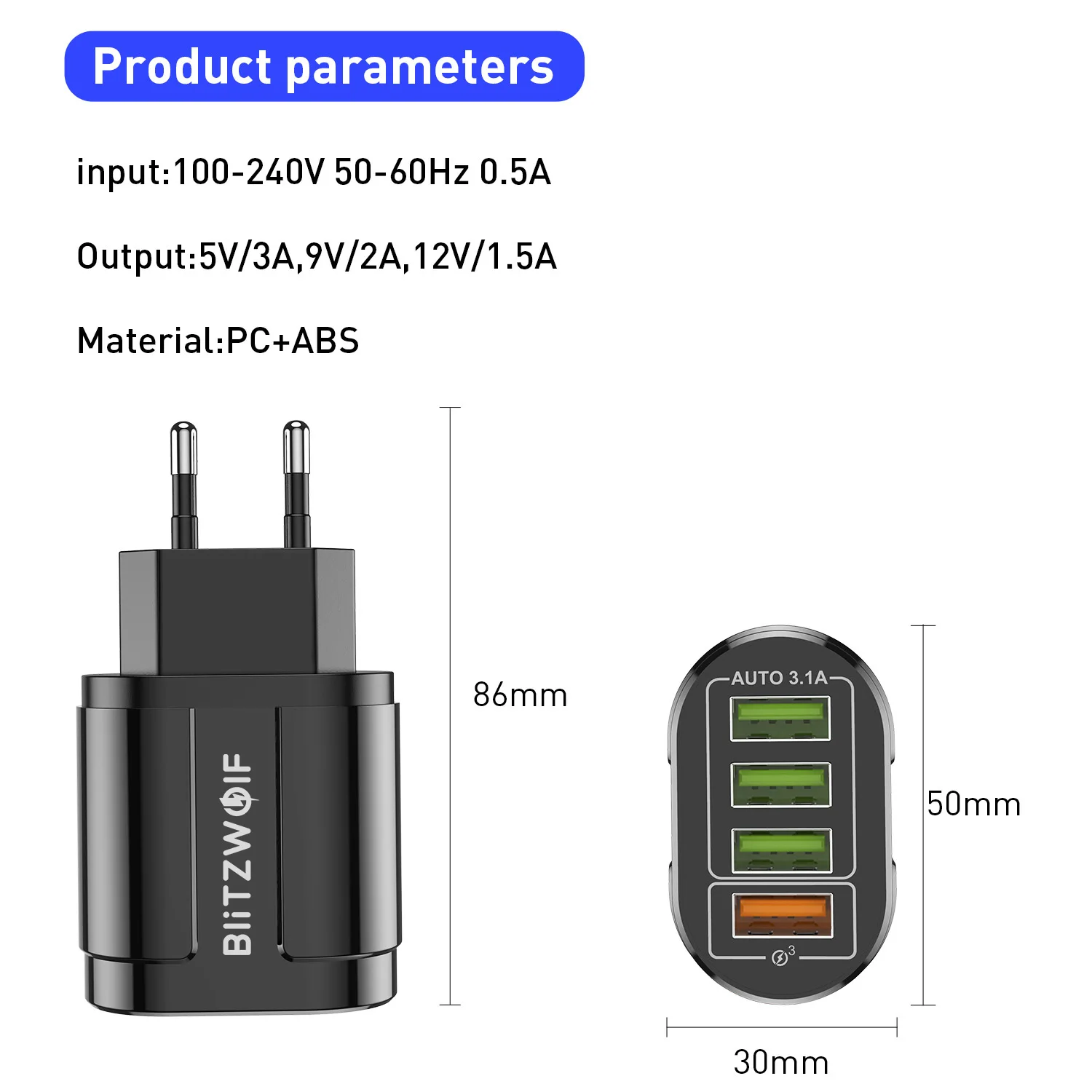 BlitzWolf BK-385 48W 4 USB-poorten QC 3.0 snellader muur reizen opladen EU-stekkeradapter voor 14 14 Plus 14 Pro voor Galaxy S22