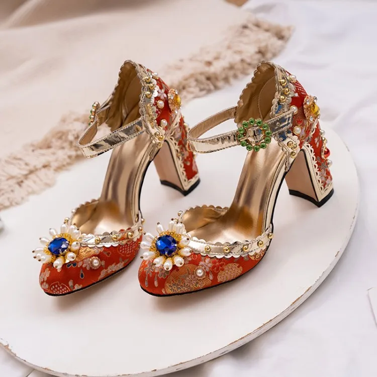 Large Size43 Blue Jacquard Cloth Women Pumps Pearl Crystal Flower High Heels 10cm Ankle Strap Red Wedding Shoes Zapatillas Mujer