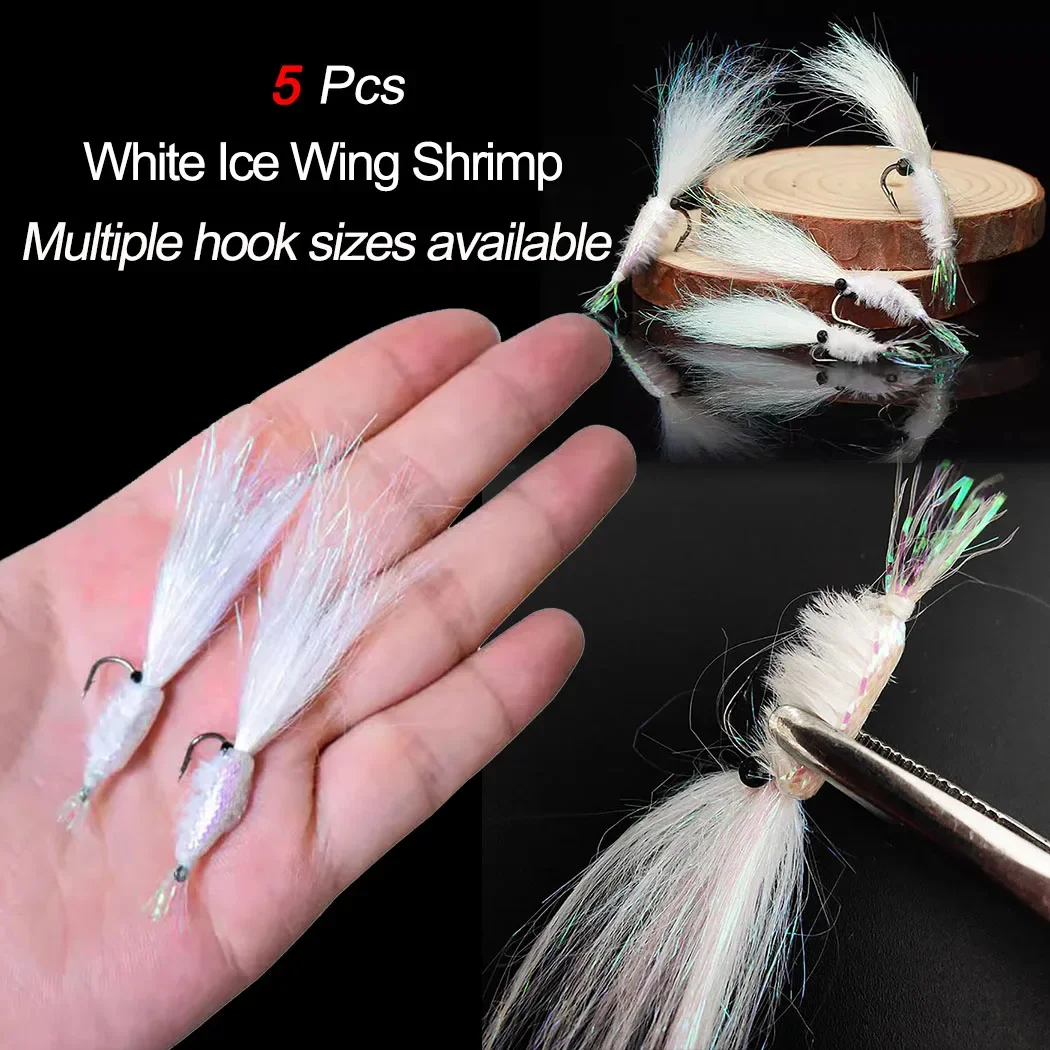 

5pcs/Box White Ice Wing Shrimp Bait Fly Saltwater Freshwater Flies Bass Trout Salmon Lure Bait Hook 6#8#10#12#