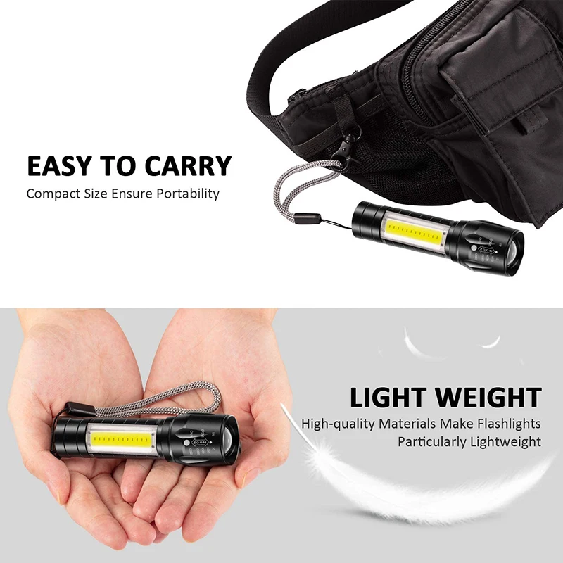 Portable  USB Rechargeable Flashlight with Lanyard Outdoor Emergency Light Side Light 4 Modes Cycling Camping Lighting