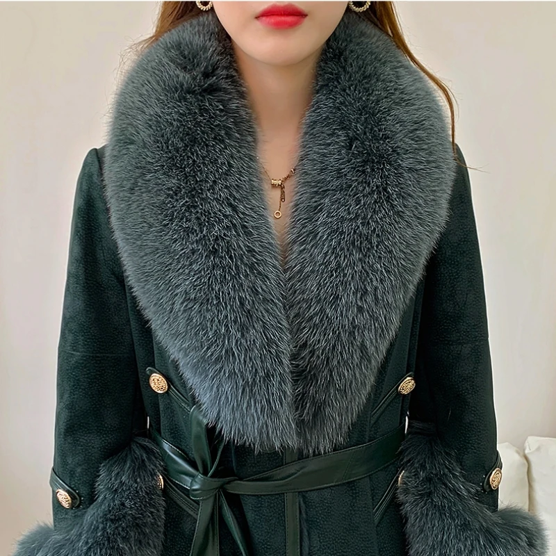 Genuine Double-faced Fur X-Long Coat Women\'s Winter New Real Rabbit Fur Liner Parka Big Fox Fur Collar High Waist Design IL00652