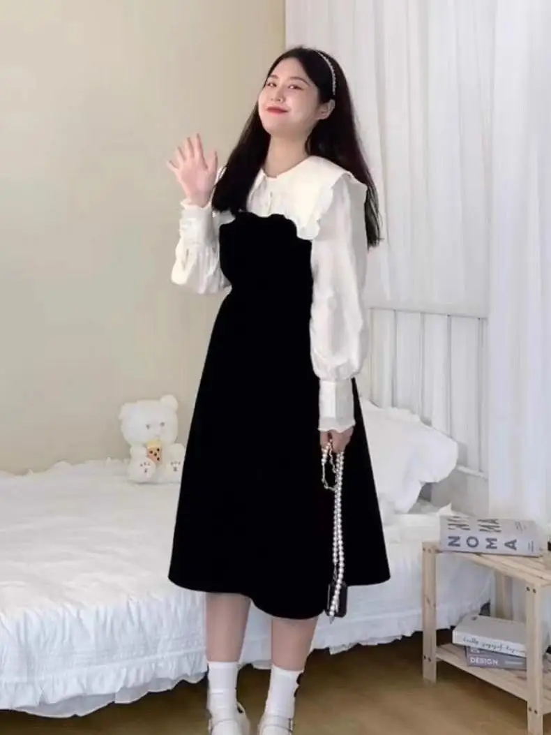 Large Size Women\'s Autumn Long Sleeved Dress New Fake Two-piece Doll Collar Dress Slimming and Flesh Blocking Long Skirt