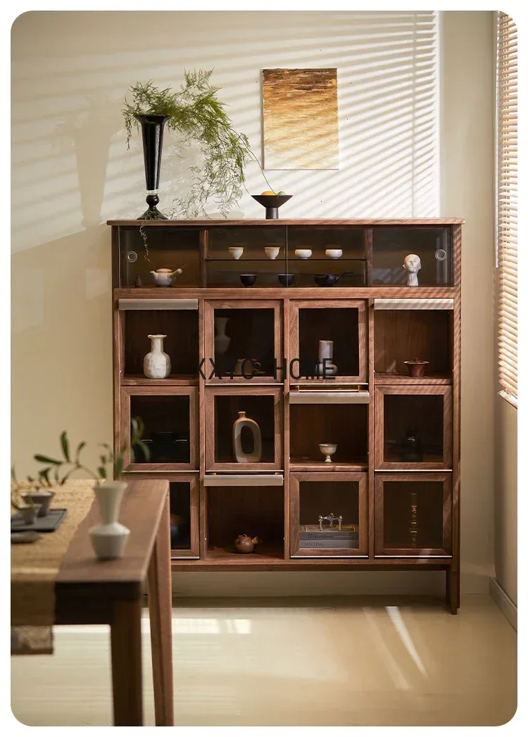 Solid Wood Display Cabinet Retro Black Walnut Wine Cabinet Living Room Storage Cabinet Simple