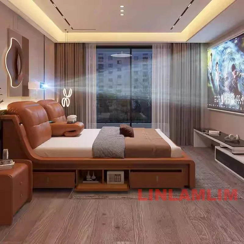 MANBAS Tech Smart Multifunctional Massage Bed With Projector, Storage, USB and Wireless Charge | Ultimate Genuine Leather Beds