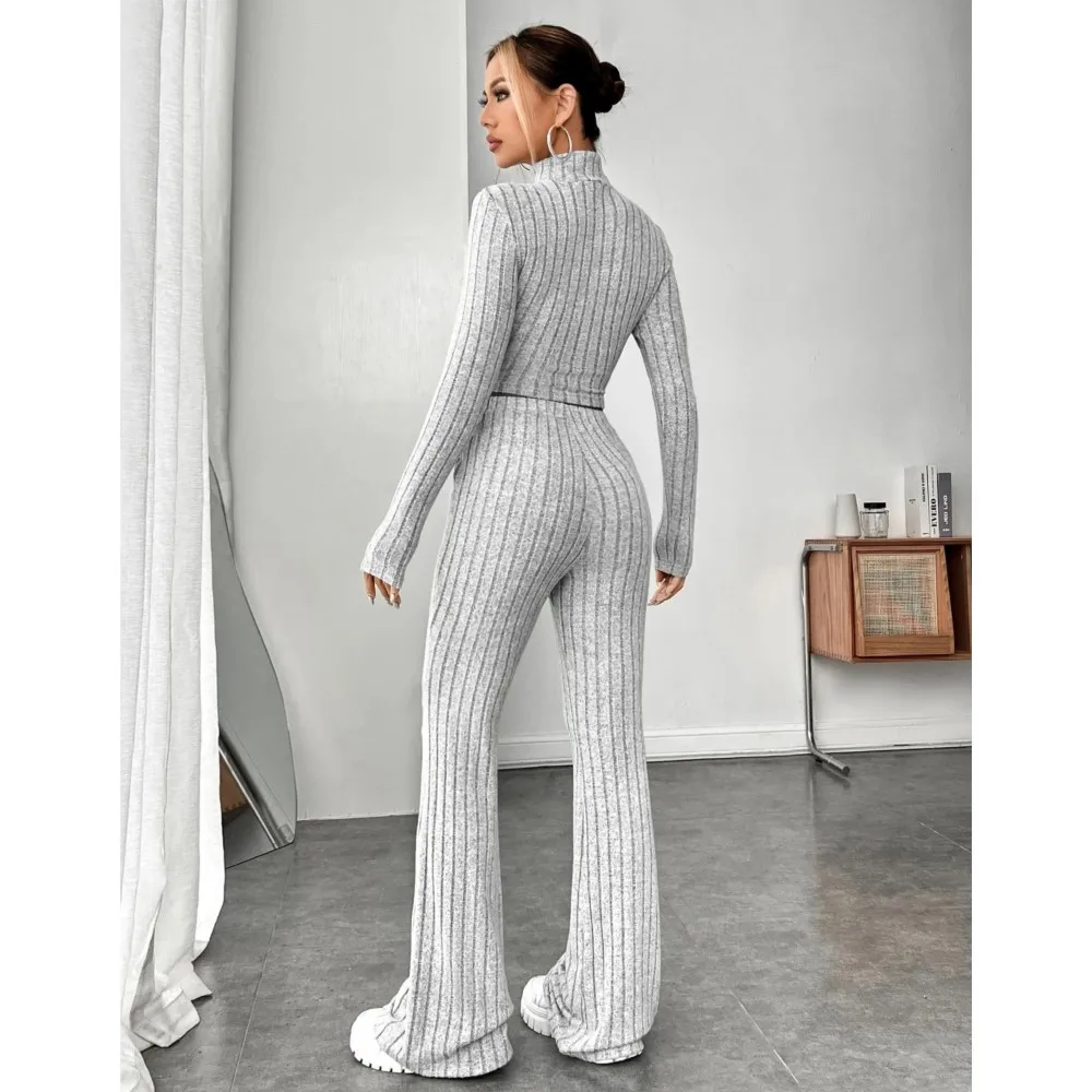 Women's Knit Ribbed Two Piece Tracksuit High Neck Long Sleeve Cropped Top High Waist Bell Bottom Pants Slim Fit Outfit Female