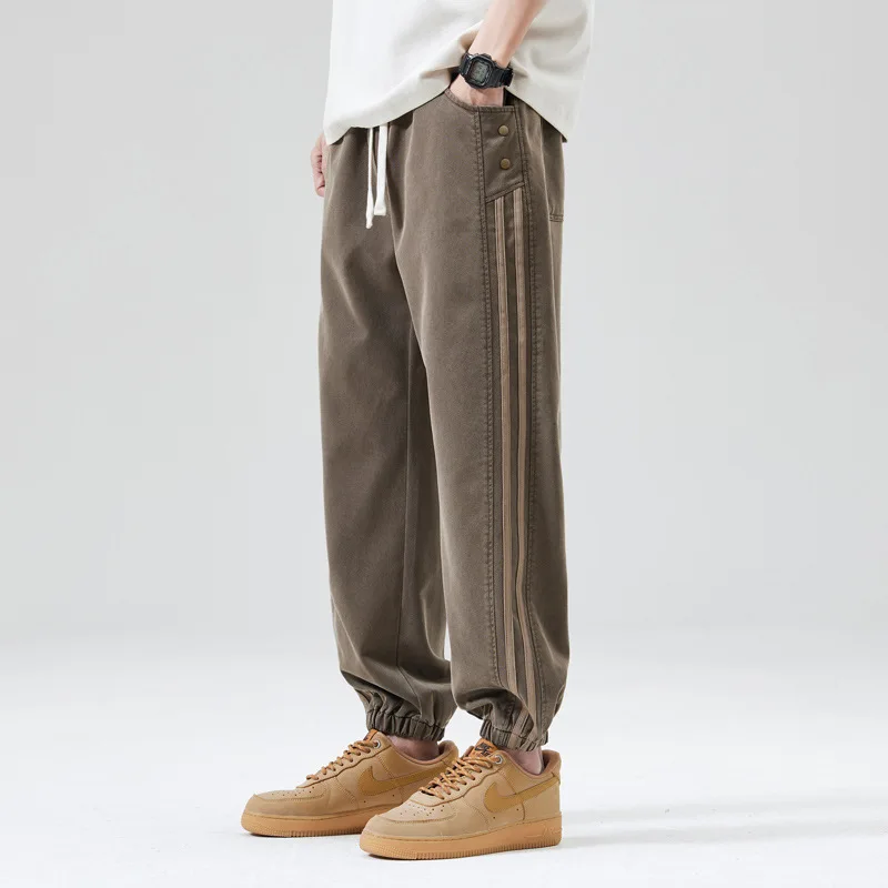 Men's Summer 2025 New Style American Retro Fashion Versatile Simple Stripe Sports Elastic Bundle Foot Casual Work Pants DY5076