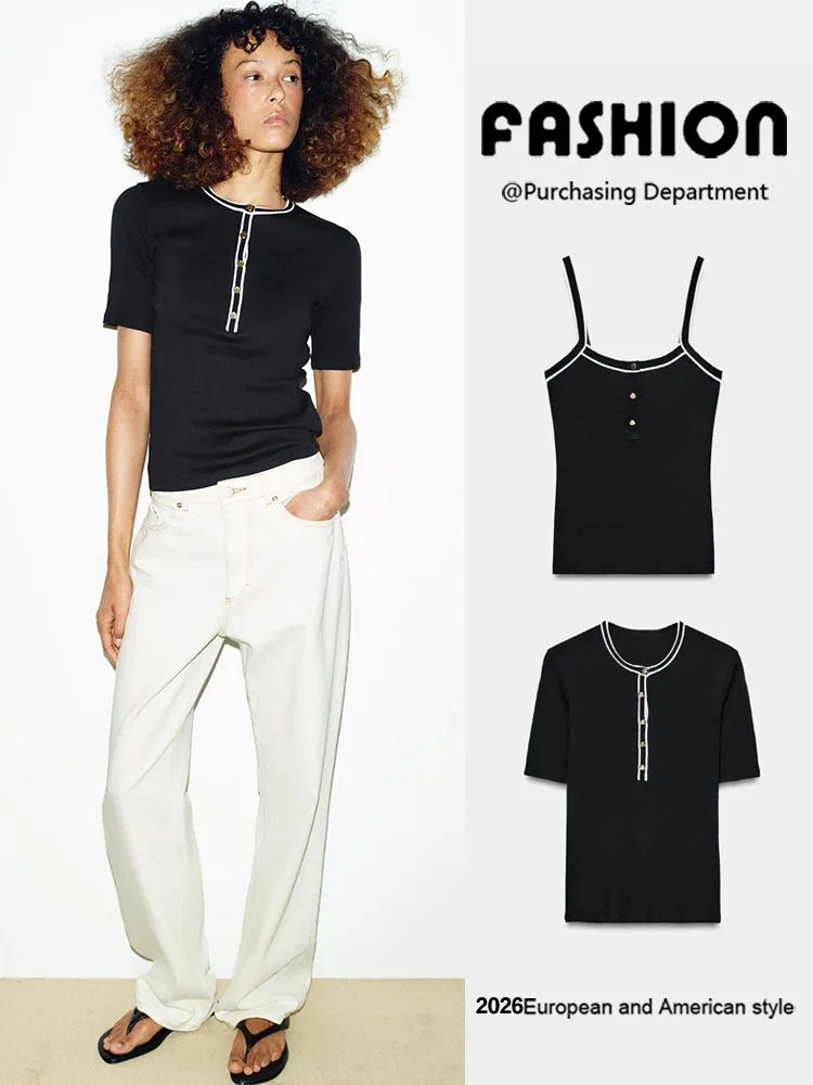 

Summer New Arrival Casual Color Block T-Shirt Women's Top with Strap ZA2026 Fashionable Chinese Style Clothing