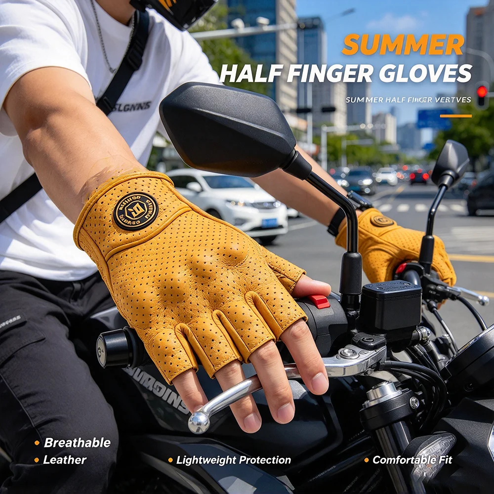 Retro Vintage Leather Motorcycle Half Finger Gloves Breathable Motocross Items Hard Shell Protection Motorbike Glove Touchscreen