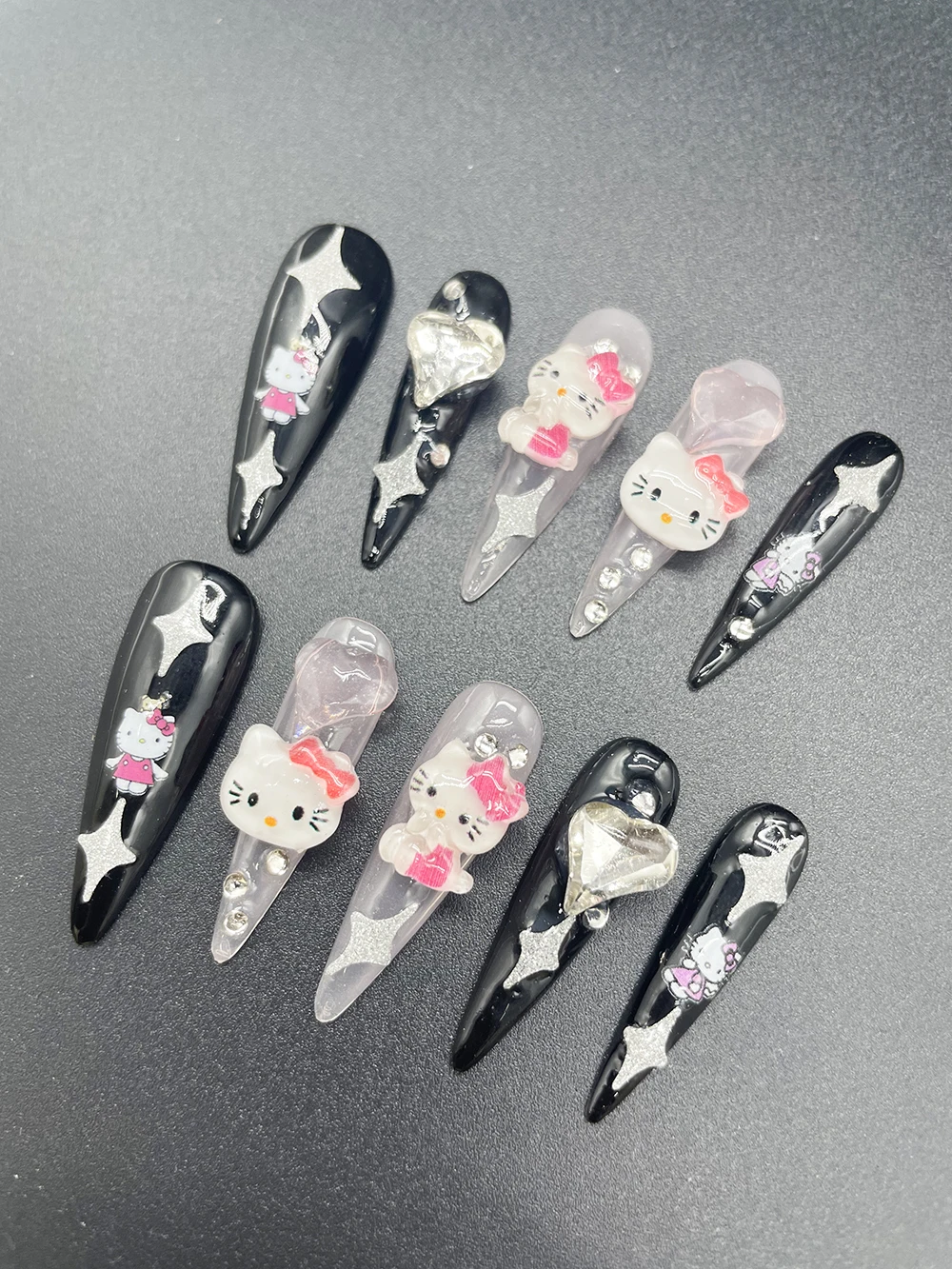 

3Cm Stiletto Hello Kitty Long Press On Nails Sticker Black Pink Heart Diamond Kt Handmade Starlight False Nails Sticker Gift