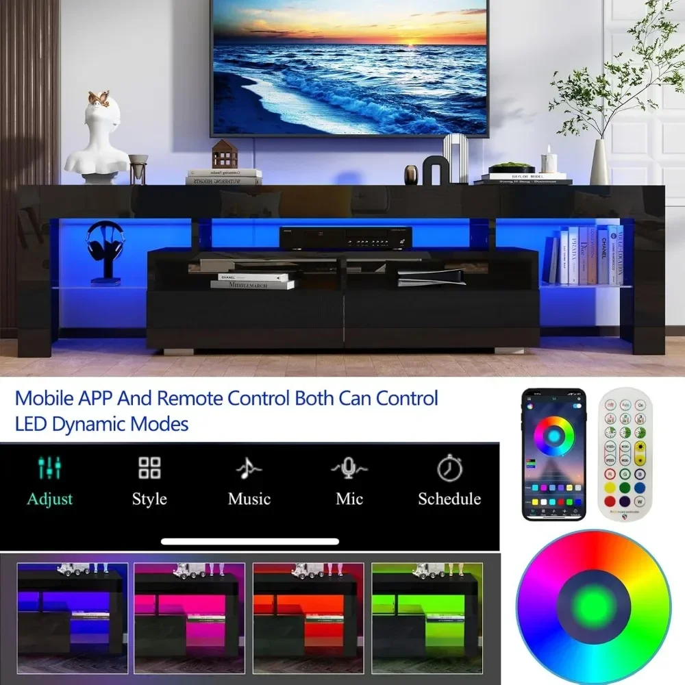 63in TV Stand 65/70 Inch TV,Modern LED TV Stand Living Room,Black Stand,High Gloss Entertainment Center Storage Drawer