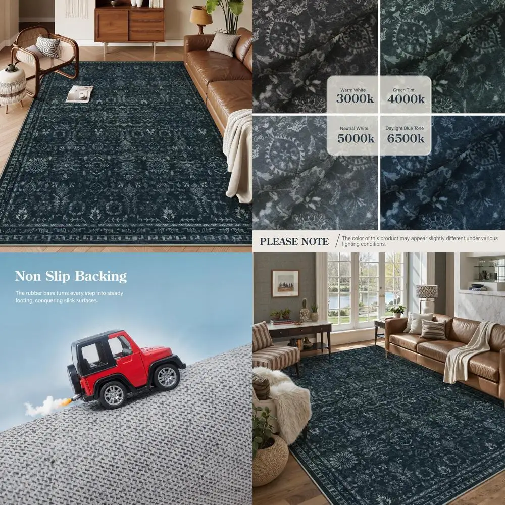 

Boho-Style 8x10 Area Rug, Washable Thin Carpet for Living Room, Vintage Rubber-Backed Non-Slip Mat for Bedroom or Dorm, Hardwood