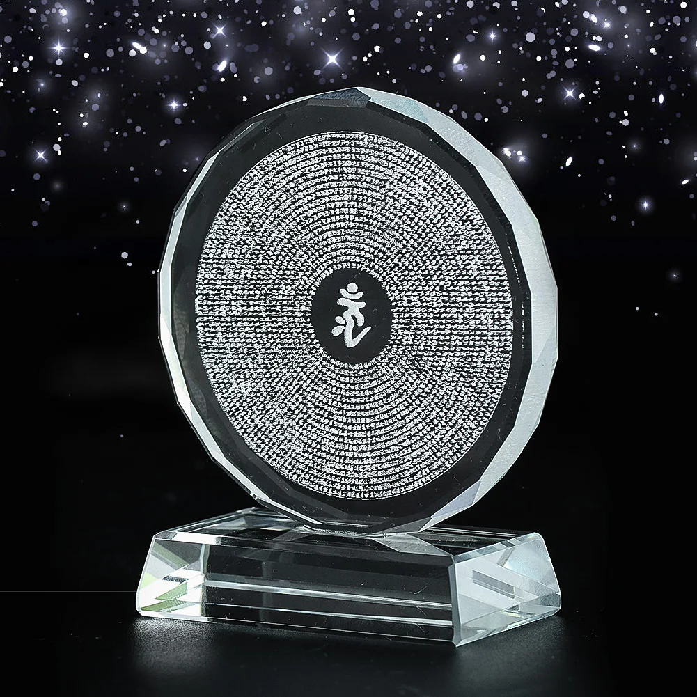 

Mantra Wheel Crystal Decoration Figurines Miniatures Laser Engraved Om Amulet Feng Shui Lucky Stand Paperweight Home Decor Craft