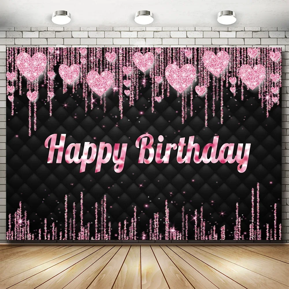 

Customize Pink Heart Glitter Happy Birthday Decor Backdrop Adult Women Girls Photocall Photography Backgroudn for Photo Studio