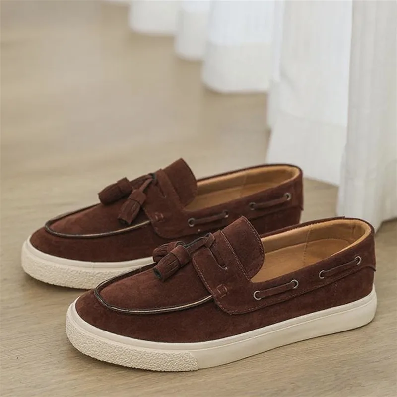 

Luxury Tassel Loafers Man Brown Suede Leather Casual Shoes for Men Slip on Soft Flat Moccasins Mens Boat Shoes zapatos hombre