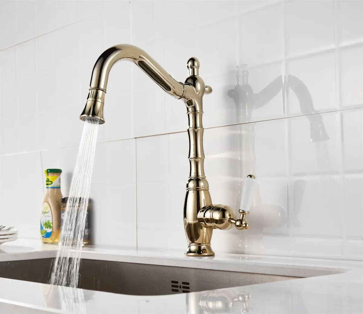 Kitchen Faucets European Style Sink Faucet Swivel Spout Ceramic Handle Rotation Pull Out Gold Solid Brass  Water Taps