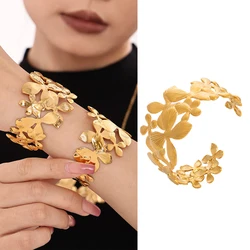 Stainless Steel Flower Bangle Bracelets For Women Luxury Irregular Wide Textured Open Bracelet New Trendy Aesthetic Jewelry Gift