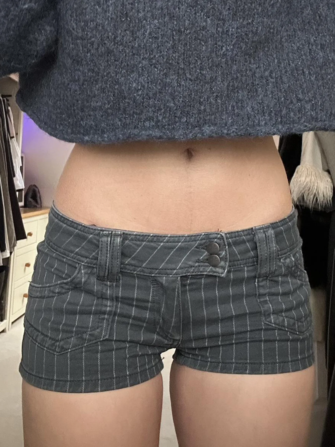 Women's Summer Striped Denim Shorts Low Waist Button Detail With Pockets Slimming Micro Mini Bottoms