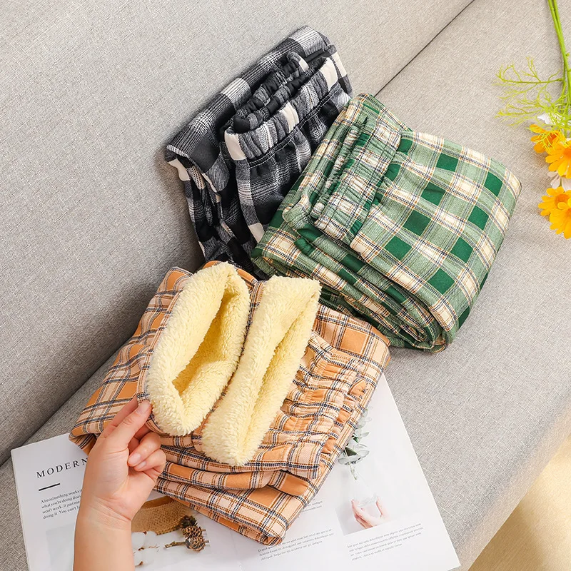 Shearling Lined Plaid Pants Women Winter High Waist Flared Trousers Straight Leg Warm Fleece Thermal Bottoms for Women Casual - Image 4