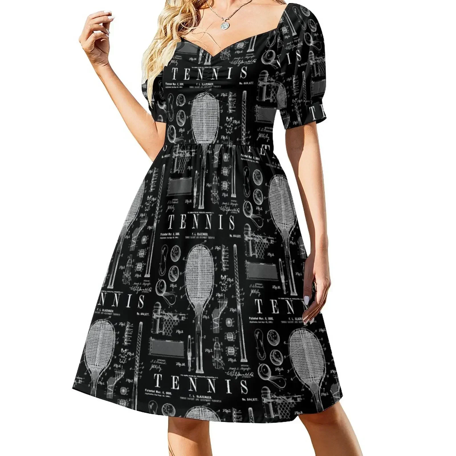 

Tennis Racket And Ball Old Vintage Patent Drawing Print Short-Sleeved Dress dress party night beach dress