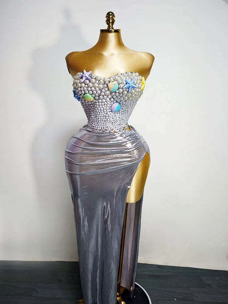 New Sexy Fashion Grey Sea-style Stage Performance Costume Women Birthday Party Short Dress Dance Show Girl Bar Drag Queen Outfit