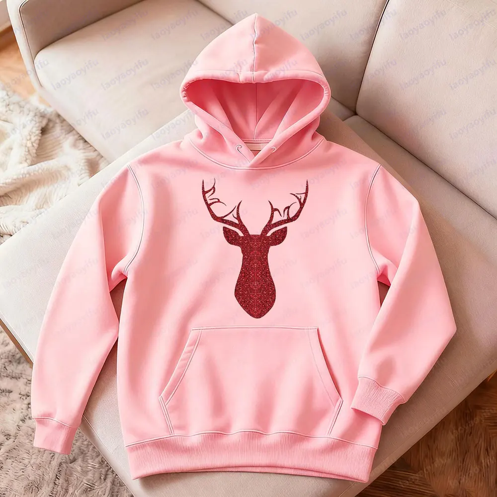 

Женская красная блестящая рождественская толстовка с рисунком оленя, праздничный свитшот, модный осенне-зимний топ для повседневной носки