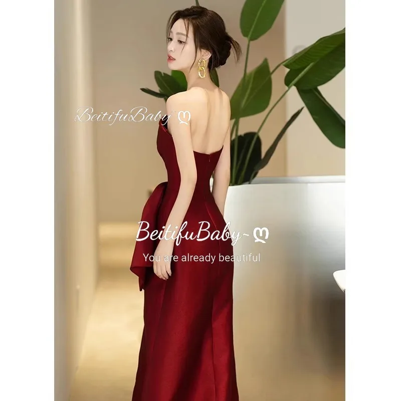 BeitifuBaby Banquet Gown for Women Evening Dress Strapless Sleeveless Bow Stain Formal Dresses Vestidos Elegantes Para Mujer