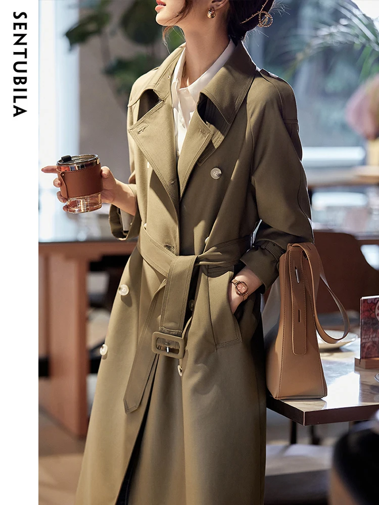 

SENTUBILA Mid-length Double-breasted Trench Coat Women Luxury Spring Autumn Elegant Jacket Woman Maillard Outerwear 131F46345