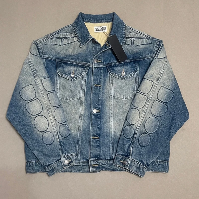 Heavyweight 3D Embossed Denim Coat Faded Gradient Wash Collar Button Placket Oversized Streetwear Satoshi Nakamoto Jacket