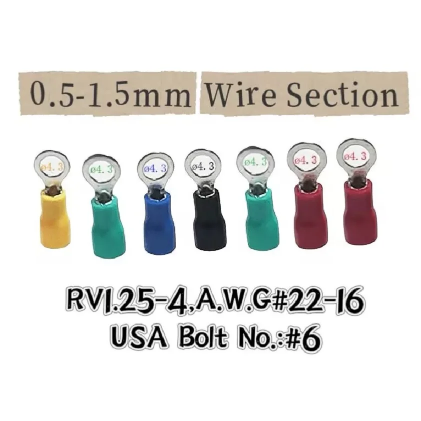 Ring Insulated Terminal,Ferrule Cable Lug,Wire Connector Crimp Terminal,Per 50PCS, RV1.25-4, Wire Section 0.5mm²~1.5mm² AWG22-16