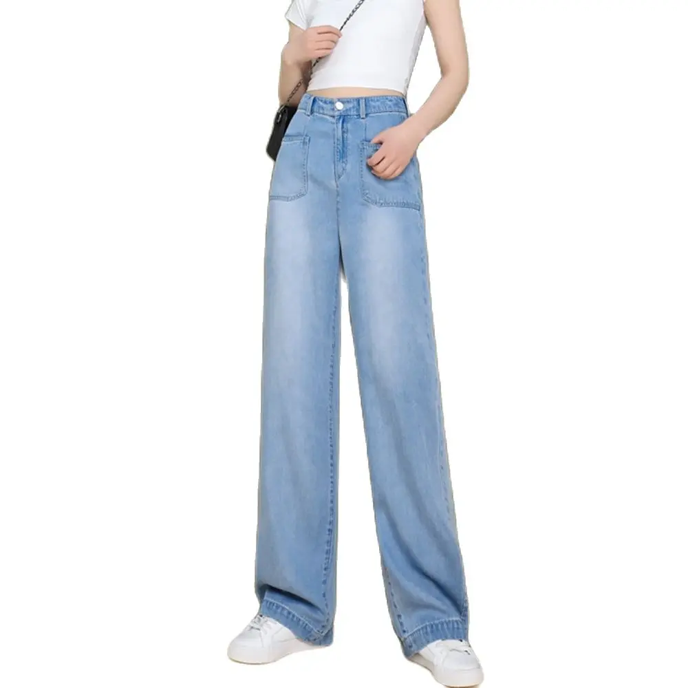 

2022 New Women Summer Full Length Long Bleached Denim Jeans High Waist Wide Leg Loose Thin Jeans Big Pockets