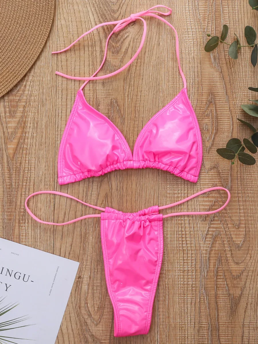 Brillant PU Mini Micro Bikini 2025 femmes maillot de bain femme maillot de bain brésilien deux pièces Bikini ensemble coupe haute maillot de bain bain dame