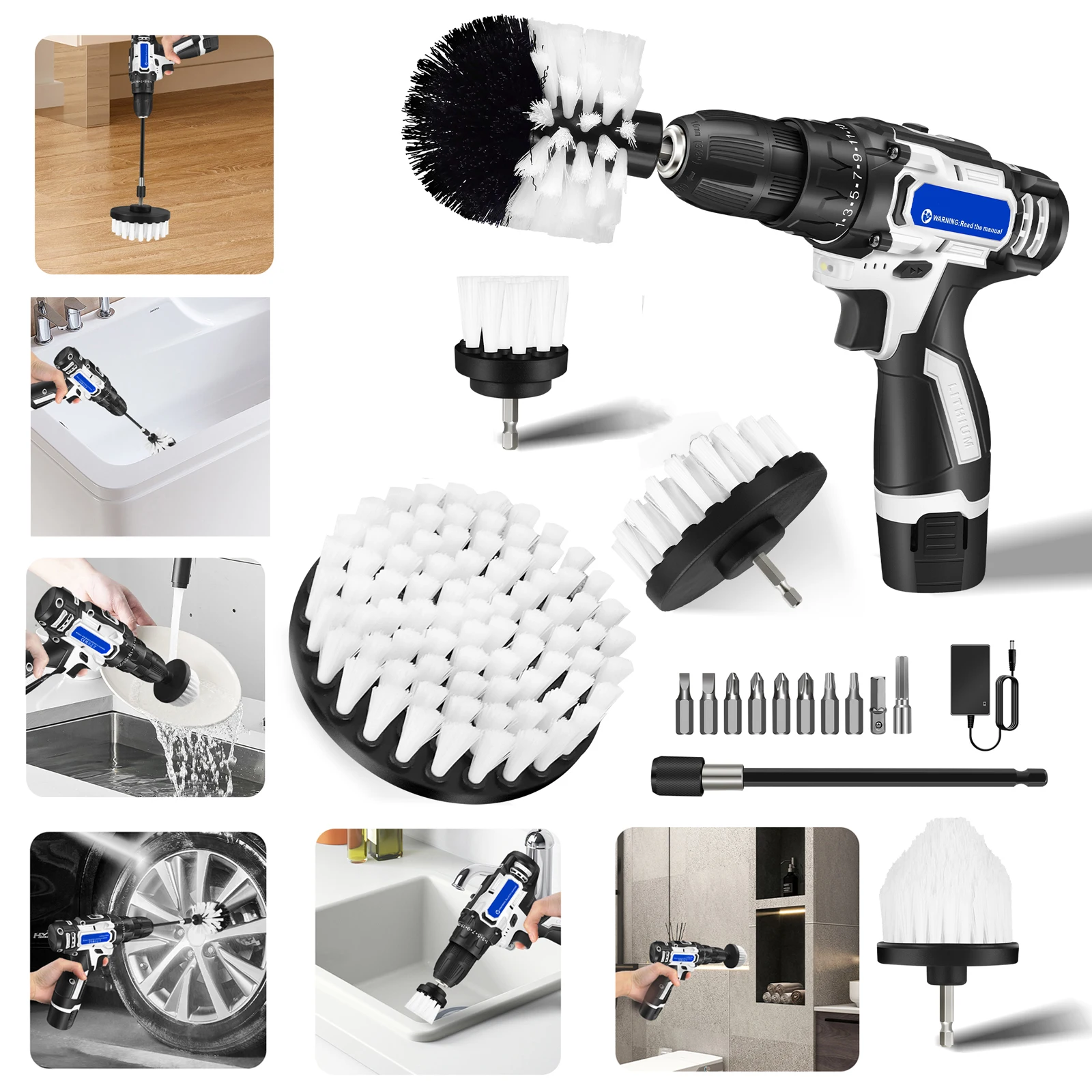 2-in-1 Cordless Drill & Electric Spin Scrubber Cleaning Brush Combi Set,6PCS Brush, w/Battey and Charger 25+1 Keyless