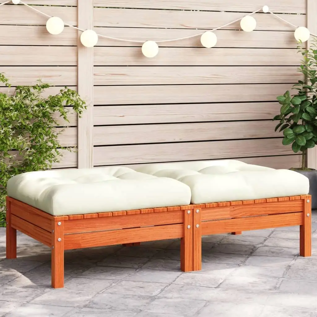 2 PCS Patio Footstools with Cushions, Solid Pine Wood in Wax Brown - Outdoor Comfort Furniture