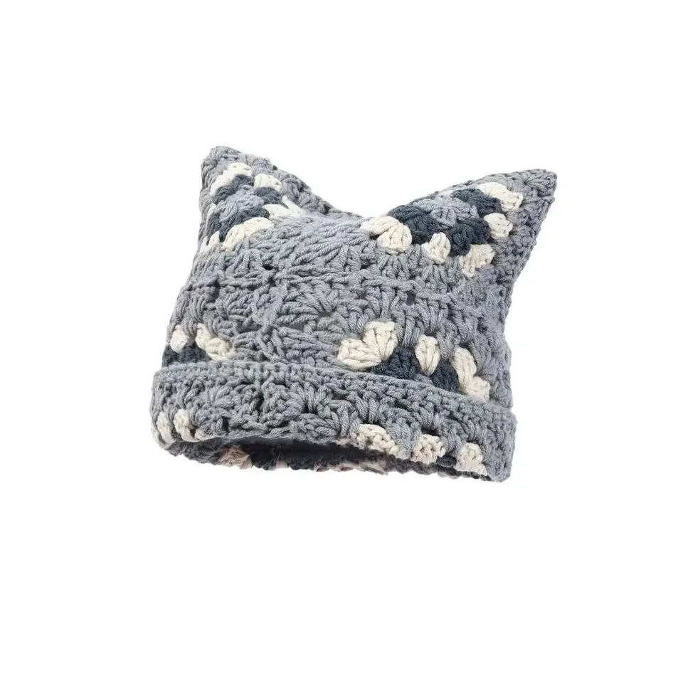 수제 크로셰 귀마개 모자, 할로윈 그랜니 스퀘어 모자, 여성용 니트 캡, 멀티컬러 슬라우치 베레모